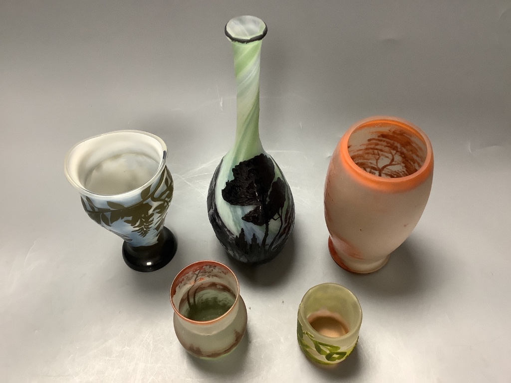 Five 20th century cameo or enamelled glass vases, height 25cm